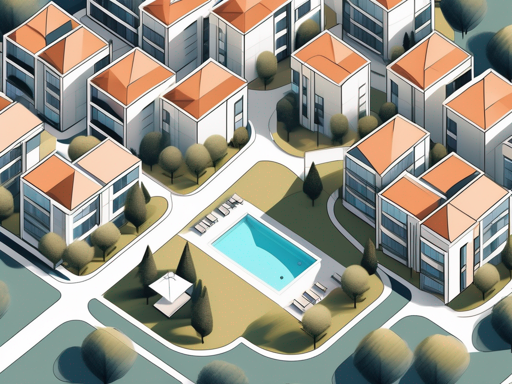 A modern residential community with a variety of buildings