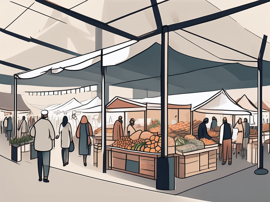 The Ultimate Guide to Merchant Development A bustling marketplace with various stalls showcasing different goods