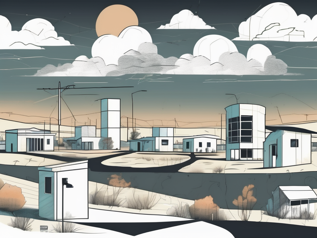 A variety of architectural structures like houses and commercial buildings scattered across a vast landscape