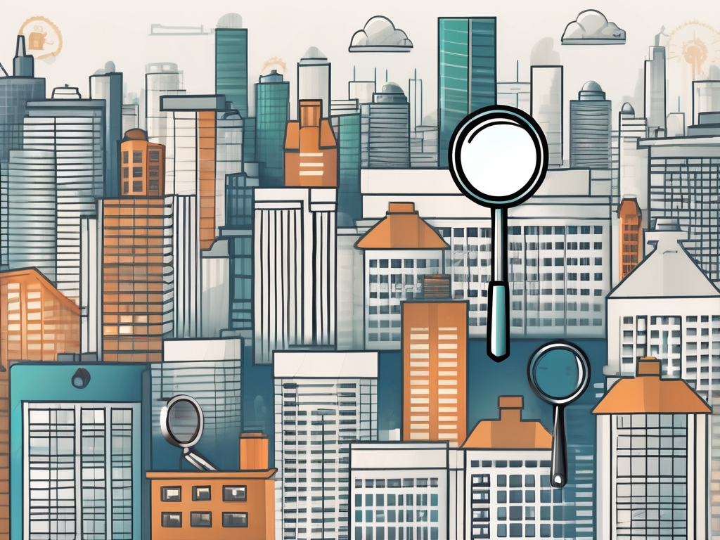 A city skyline with various types of buildings